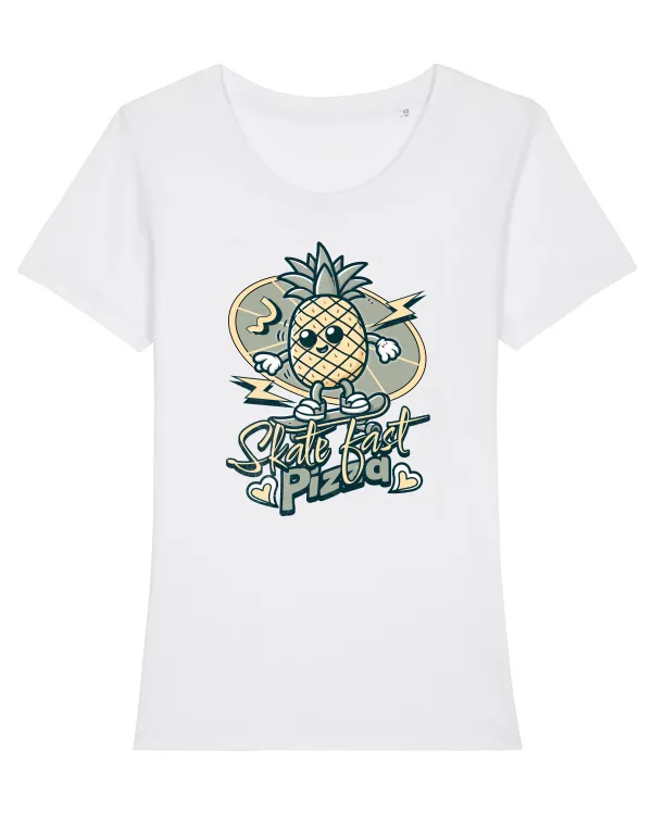 Ananas Amuzant Retro Pizza Skate Skateboarder Tricou mânecă scurtă guler larg fitted Damă Expresser
